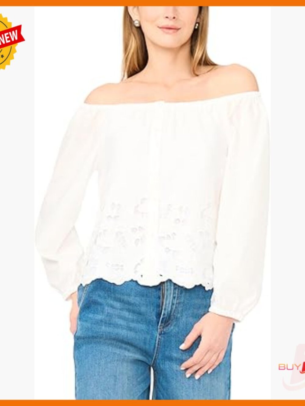 Off Shoulder Button Front Blouse With Embroidery, Lightweight Polyester